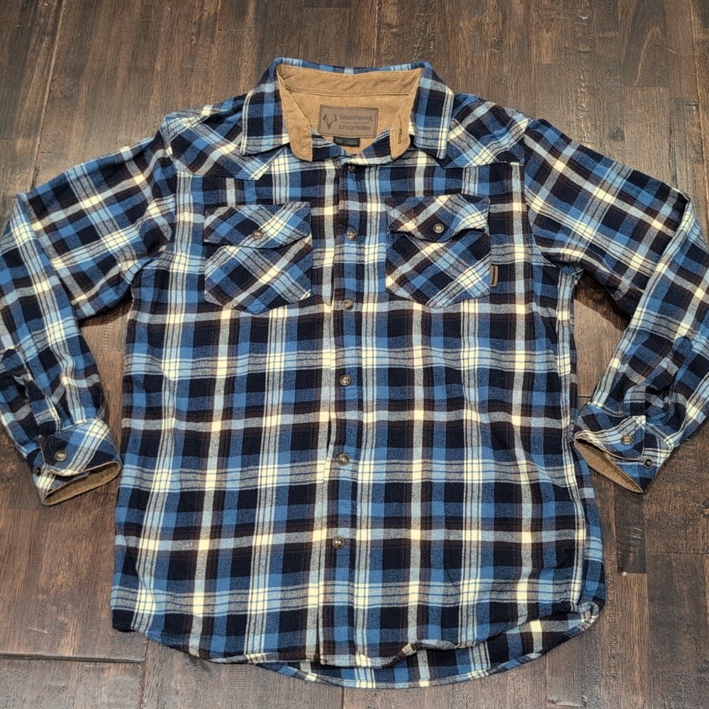 Legendary Stockyards Mens M Blue Tan Plaid Flannel Shirt Corduroy Collar Snaps‎